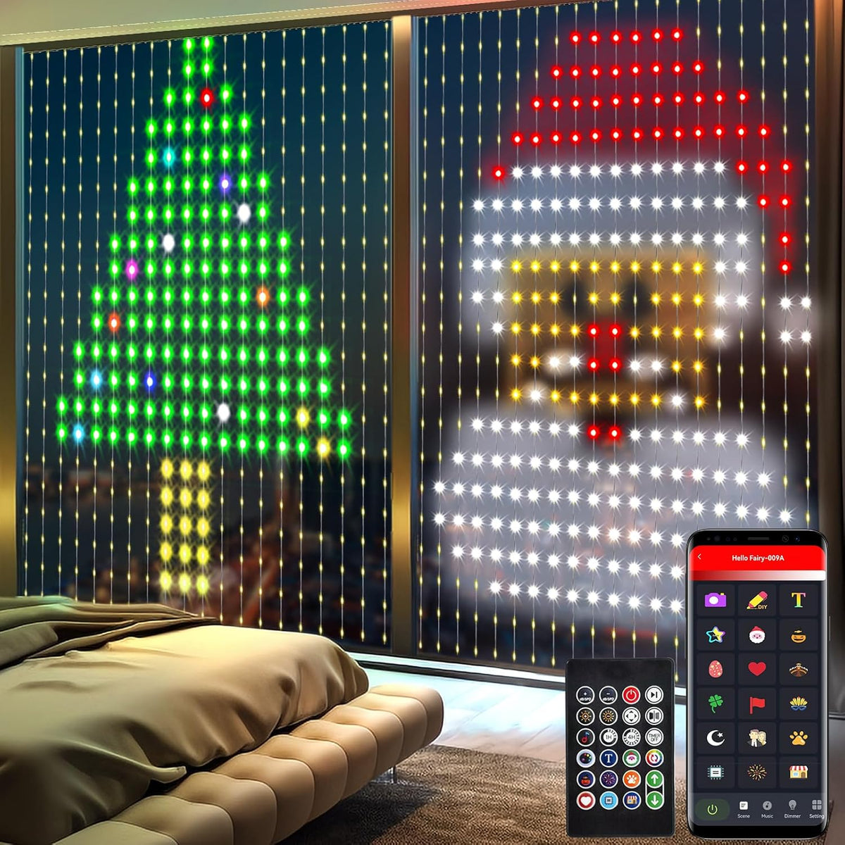 Smart RGBIC curtain lights displaying festive patterns