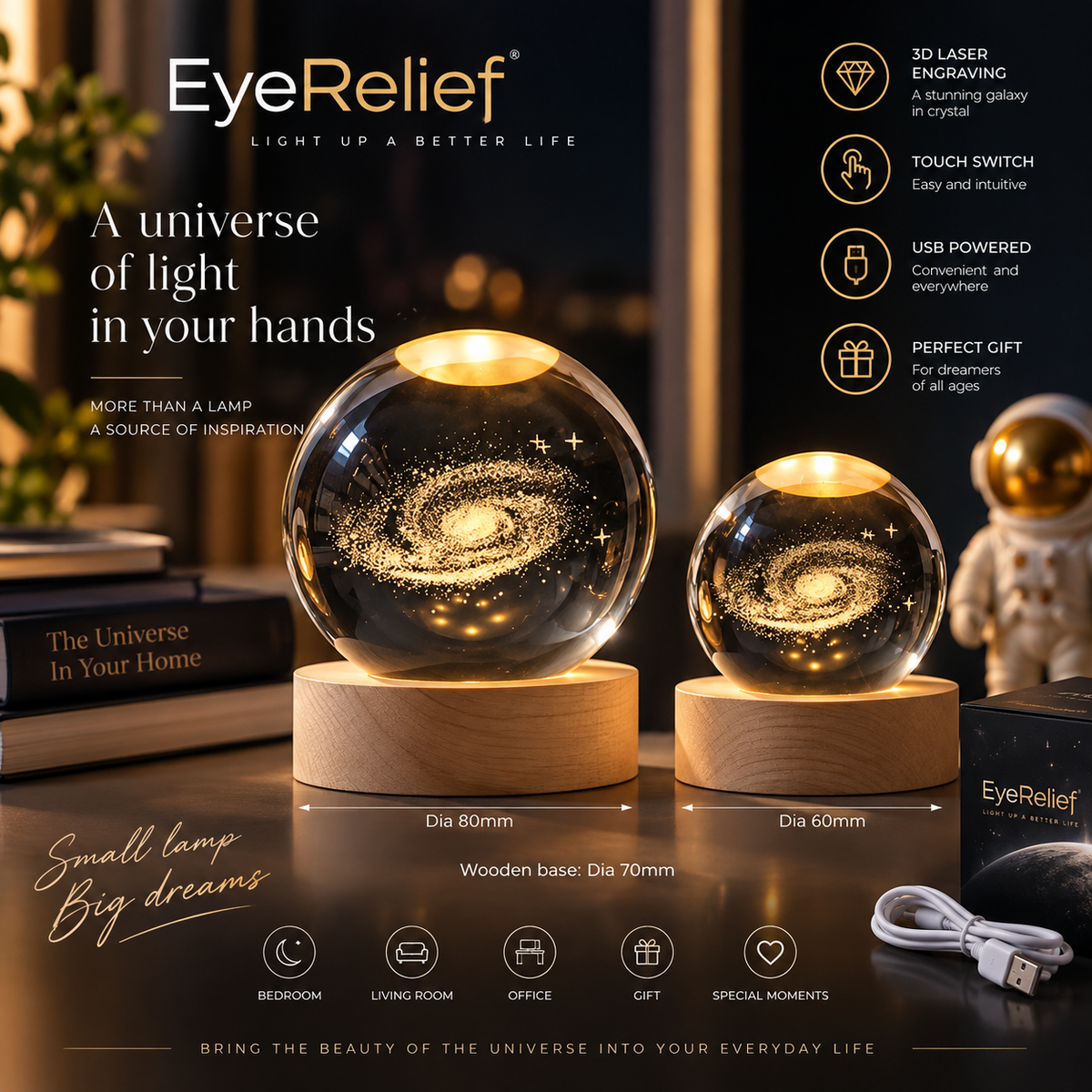 3D Galaxy Crystal Ball Night Light