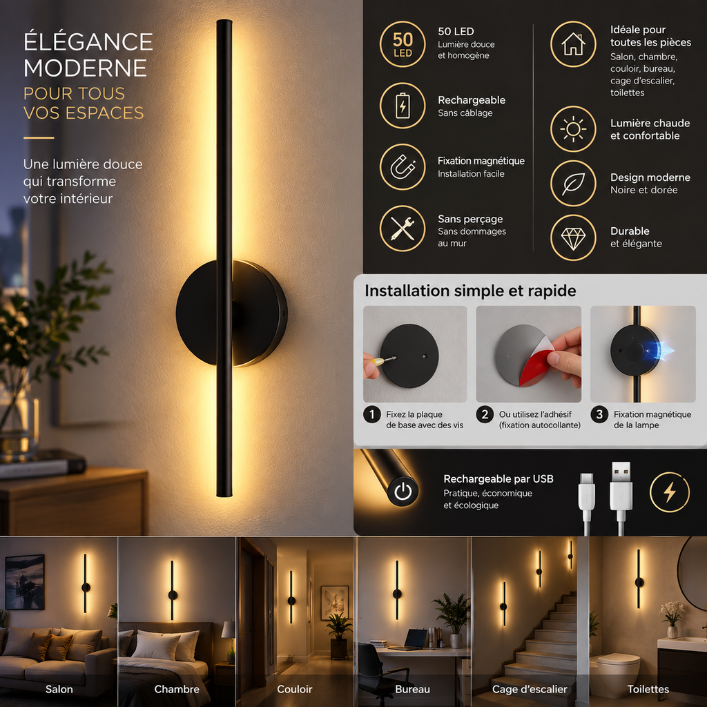 Magnetic Rechargeable 50 LED Wall Lamp — Black & Gold