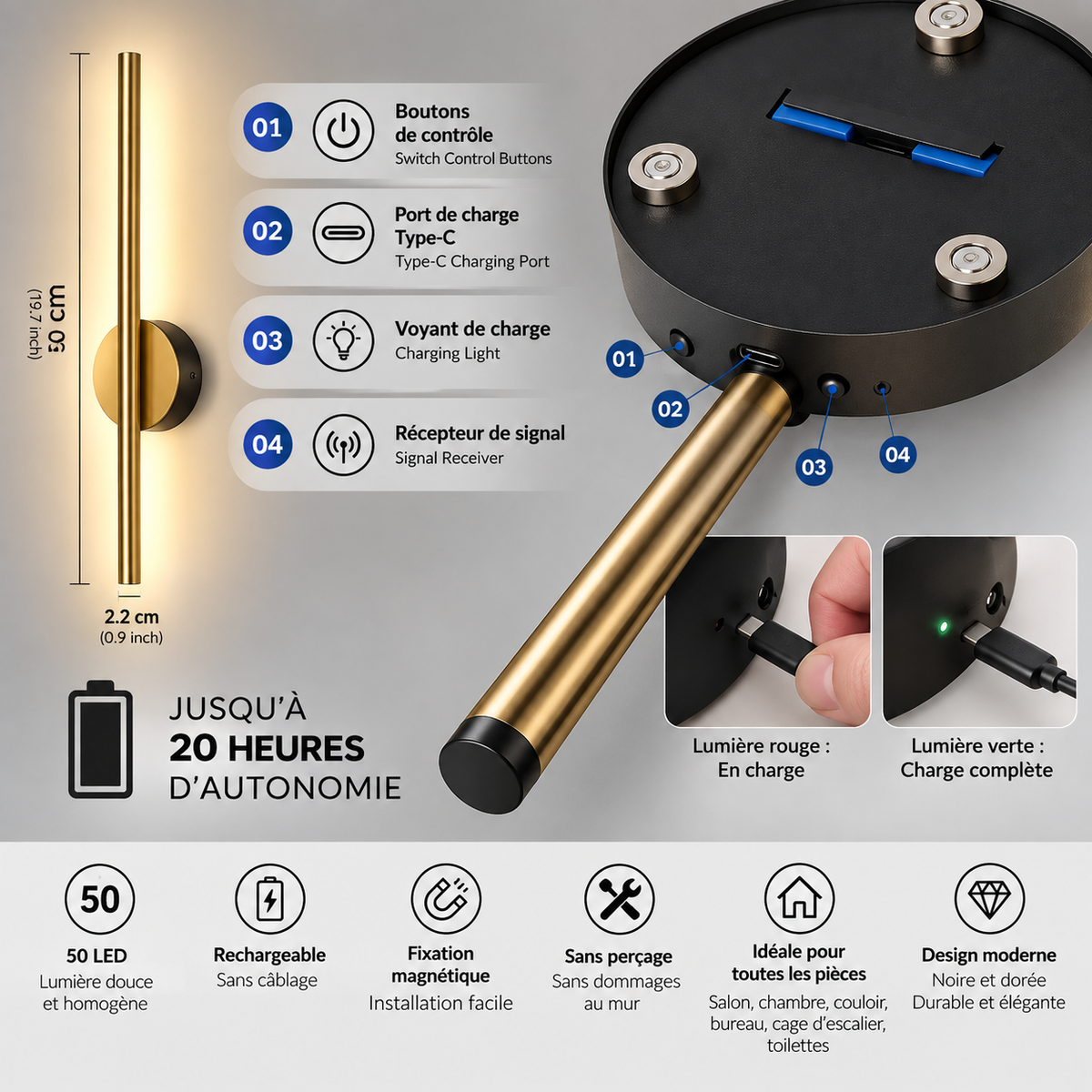 Magnetic Rechargeable 50 LED Wall Lamp — Black & Gold