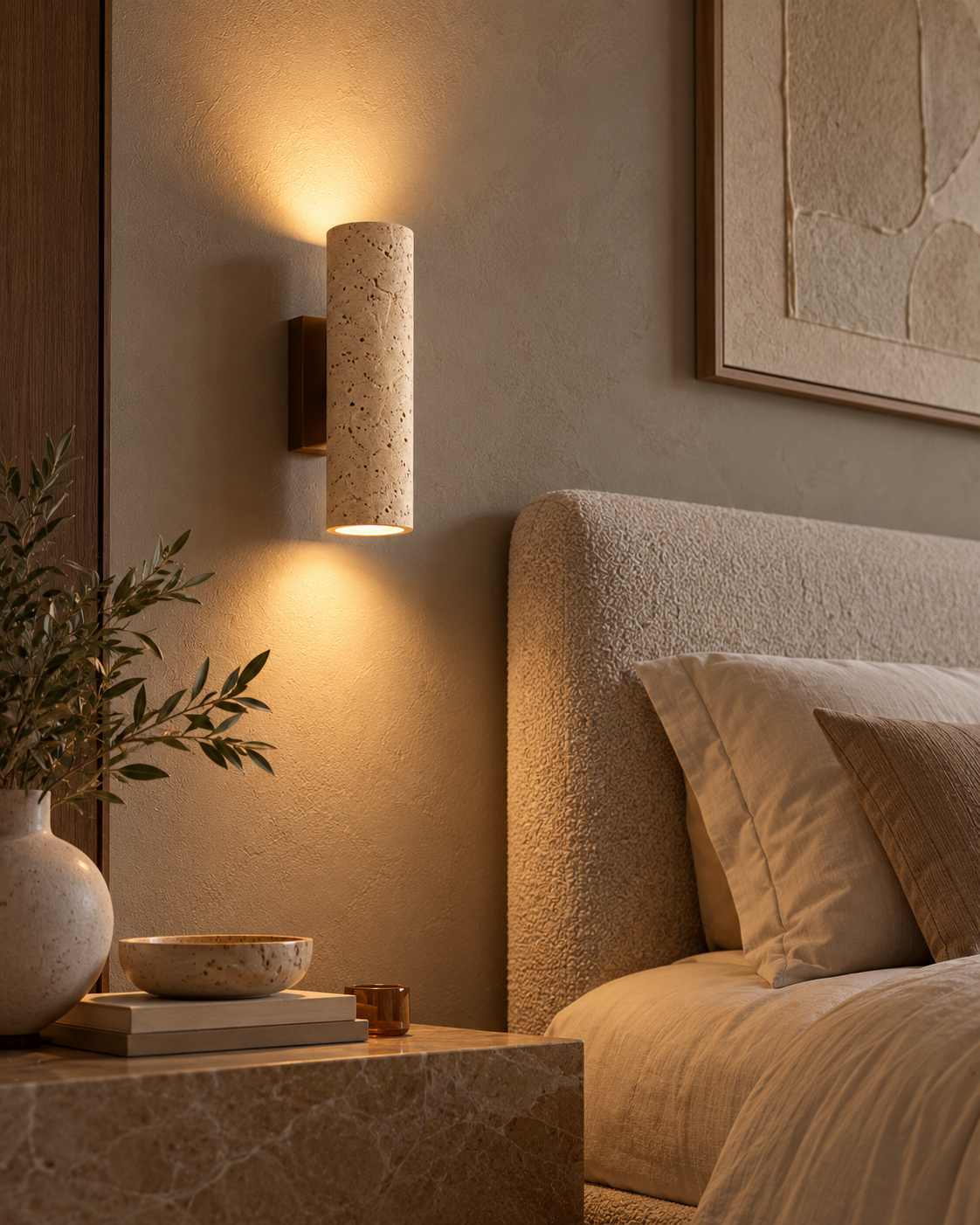 NOVA™ — Travertine & Walnut Cylinder Wall Sconce