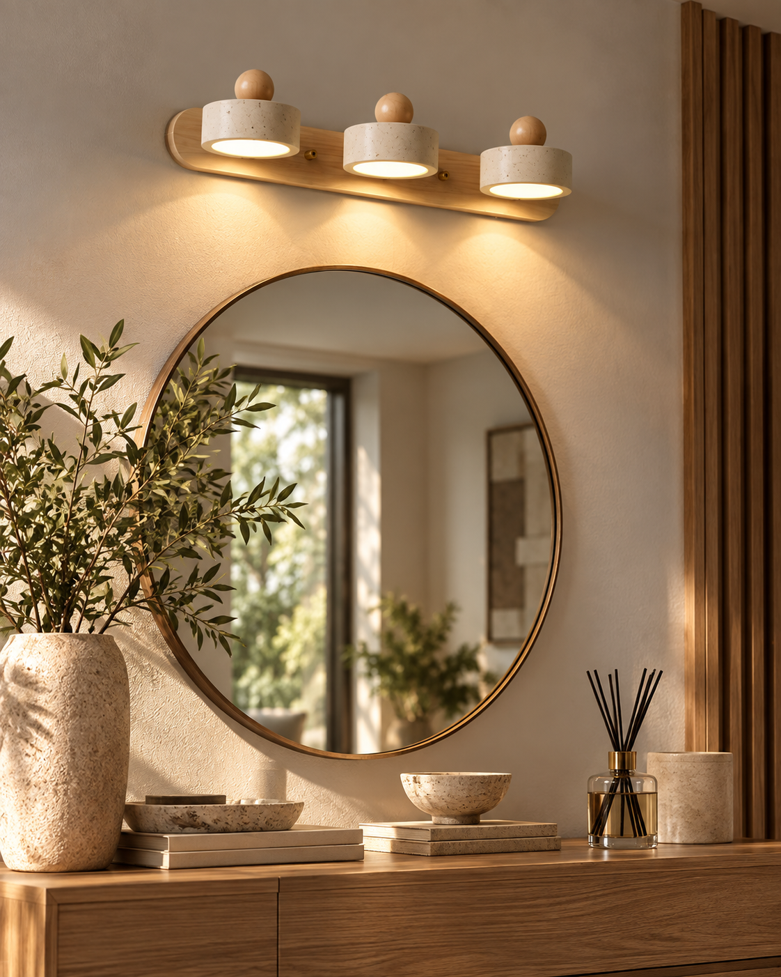 Ishi™ — Travertine & Wood Wall Sconce