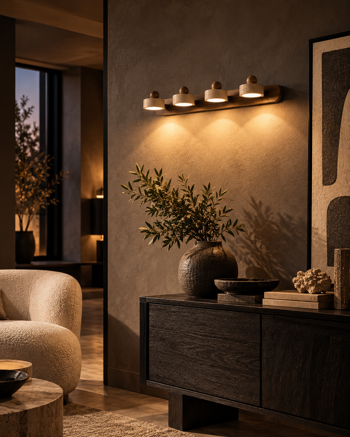 Ishi™ — Travertine & Wood Wall Sconce