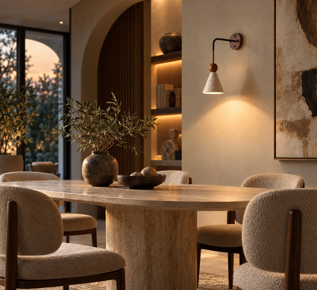 EyeRelief POLI™ — Travertine & Walnut Wall Sconce