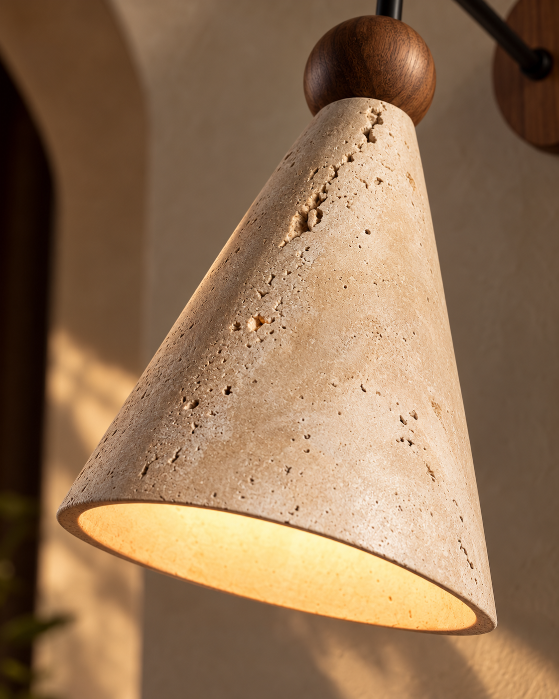 EyeRelief POLI™ — Travertine & Walnut Wall Sconce