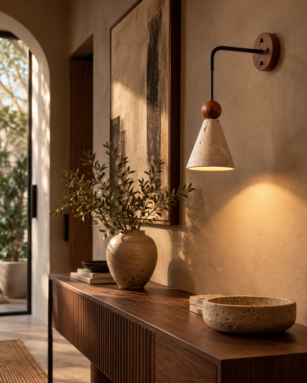 EyeRelief POLI™ — Travertine & Walnut Wall Sconce