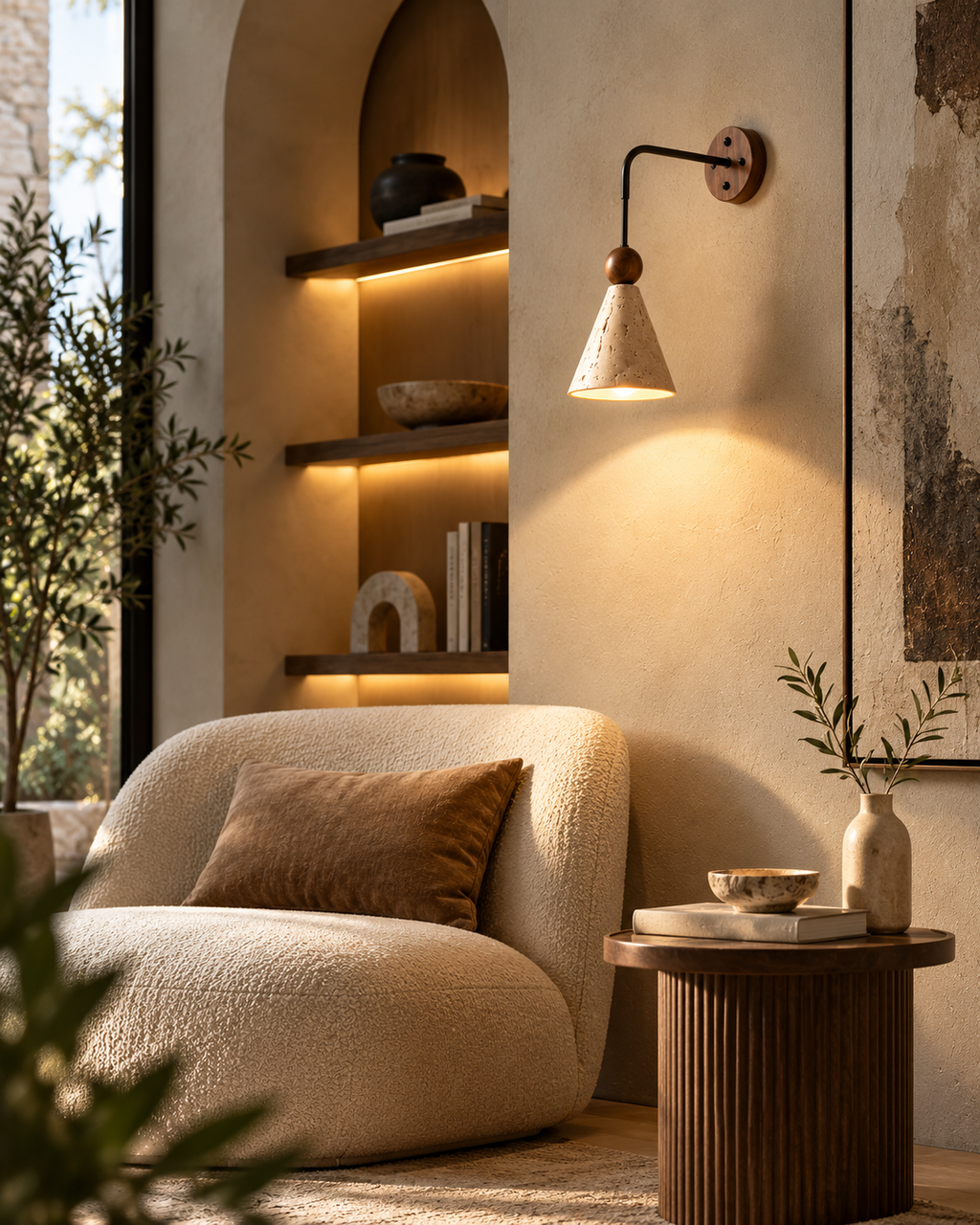 EyeRelief POLI™ — Travertine & Walnut Wall Sconce