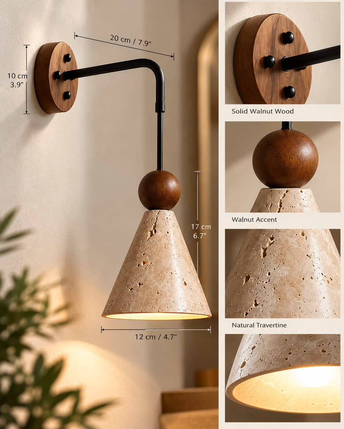 EyeRelief POLI™ — Travertine & Walnut Wall Sconce
