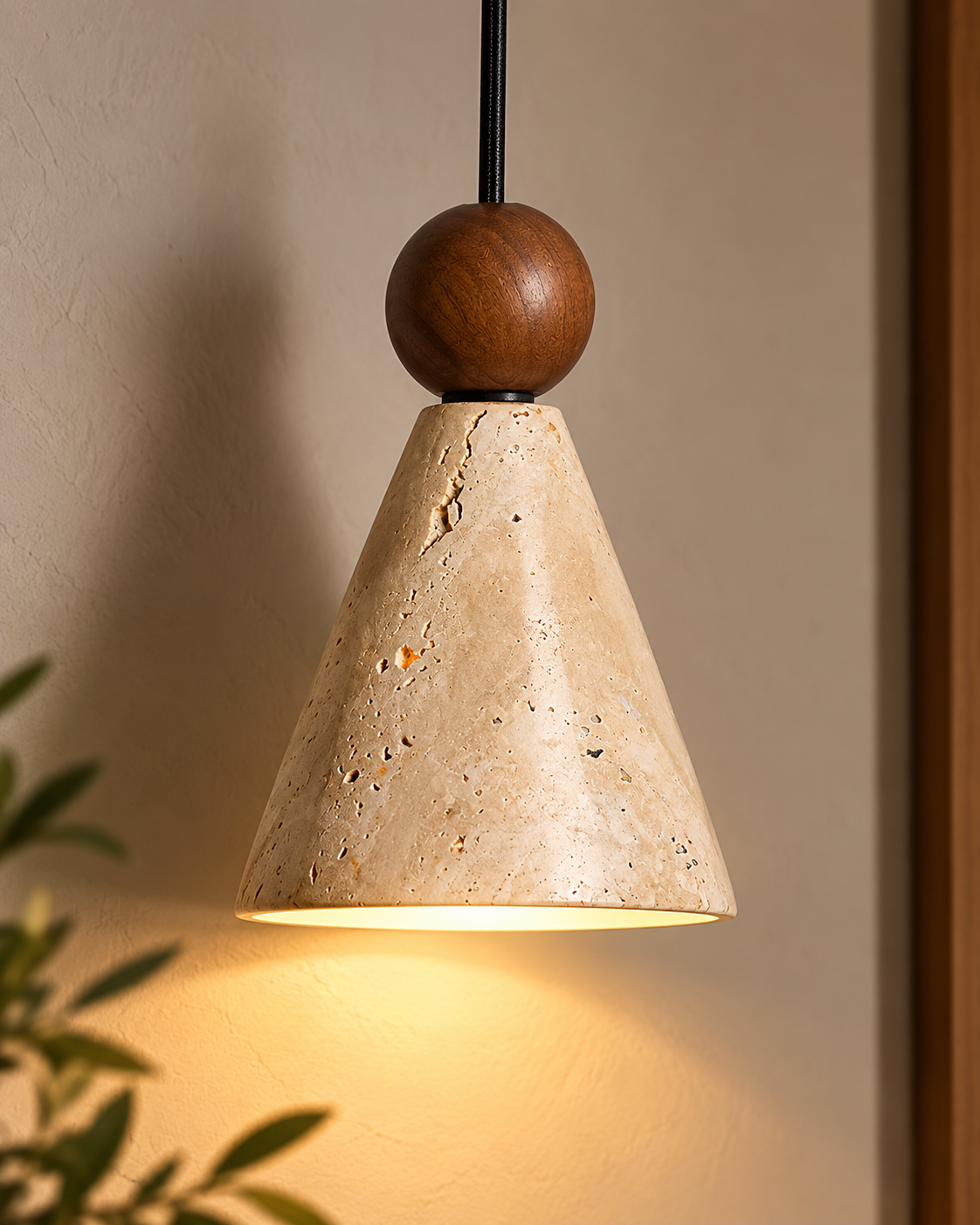 EyeRelief POLI™ — Travertine & Walnut Wall Sconce