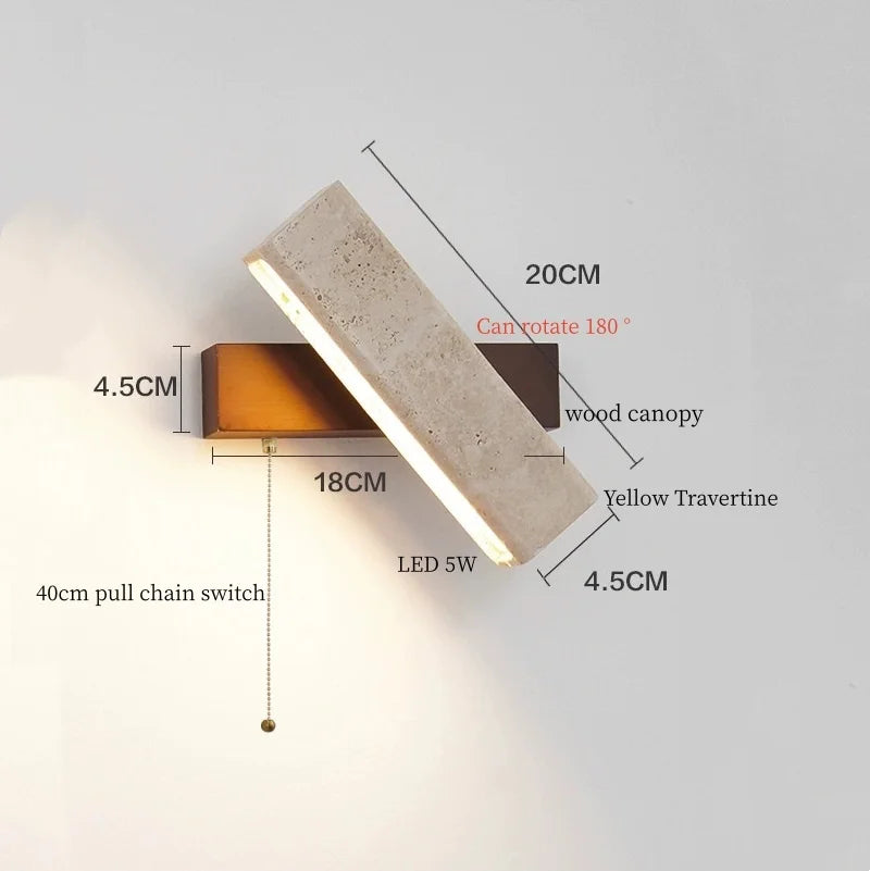IWHD Pull Chain Switch LED Wall Lamps For Bedroom Reading Home Lighting Yellow Travertine Living Room Lights Applique Murale
