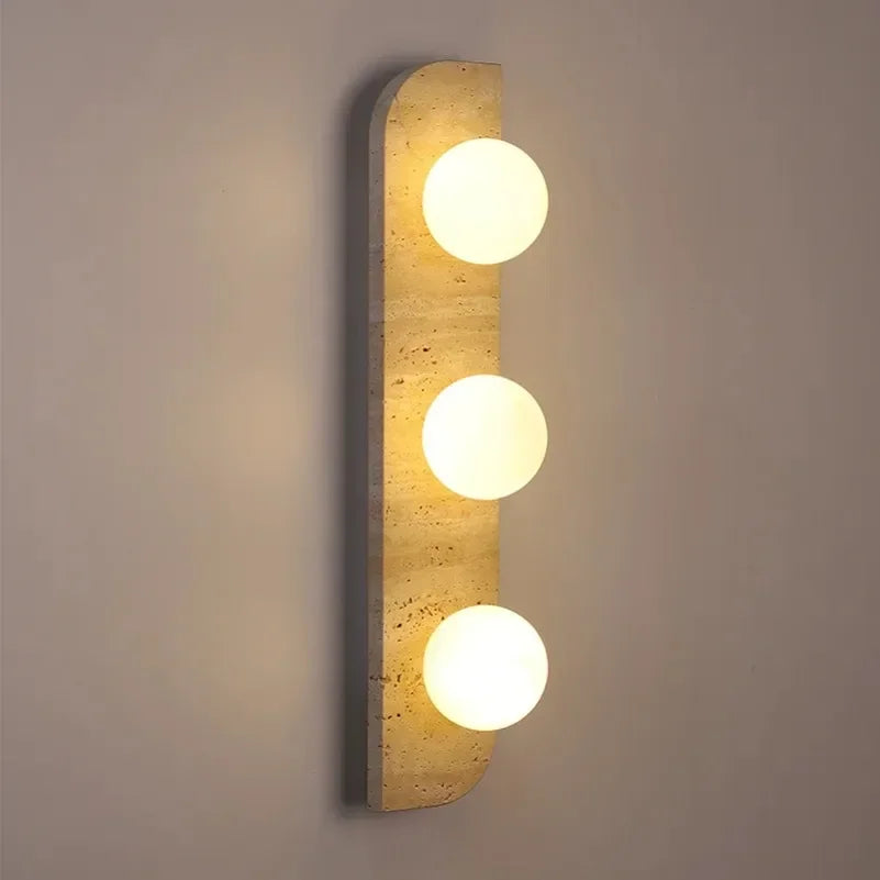 Wabi-sabi Style Natural Stone Art Bedside Wall Lamp Yellow Travertine Sconce White Glass Lampshade for Corridor Living room Deco