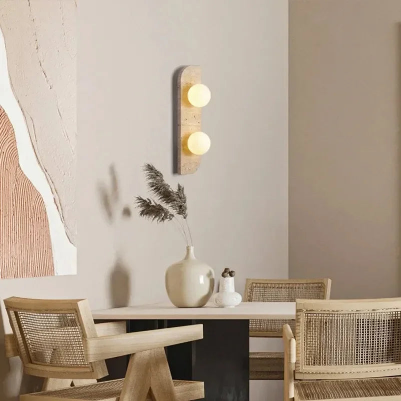 Wabi-sabi Style Natural Stone Art Bedside Wall Lamp Yellow Travertine Sconce White Glass Lampshade for Corridor Living room Deco