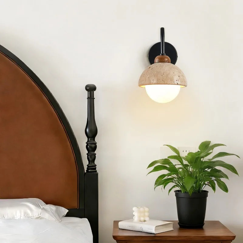 Kaia™ — Travertine, Glass & Wood Wall Sconce