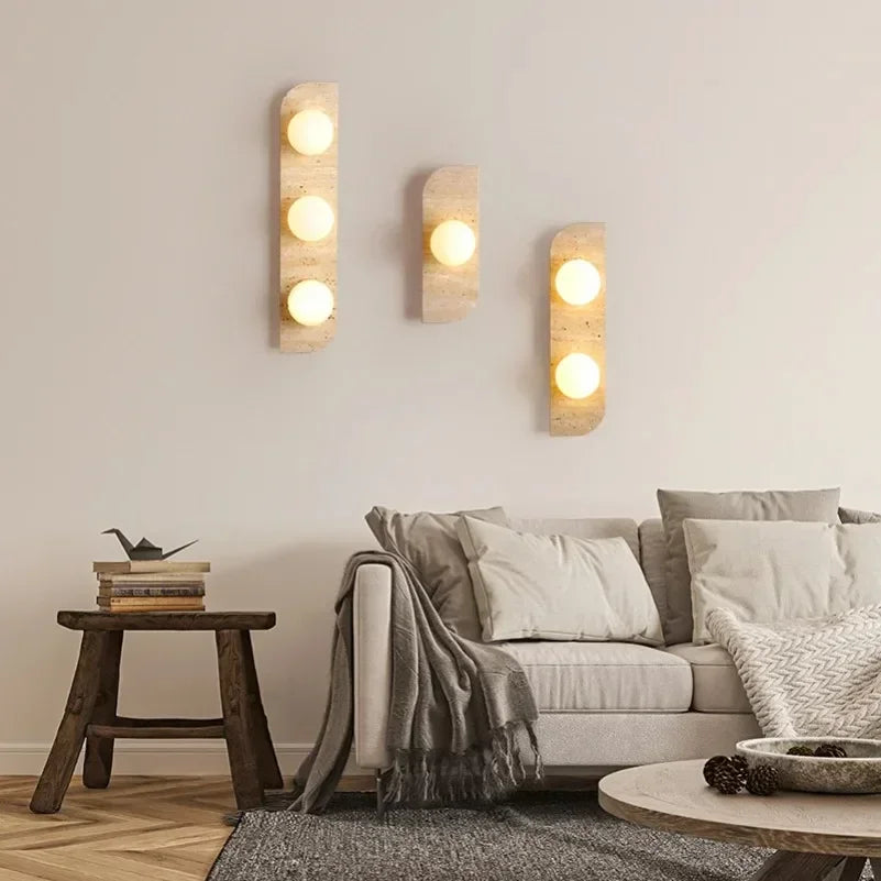 Wabi-sabi Style Natural Stone Art Bedside Wall Lamp Yellow Travertine Sconce White Glass Lampshade for Corridor Living room Deco