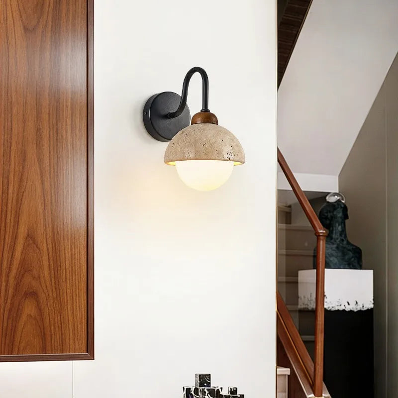 Kaia™ — Travertine, Glass & Wood Wall Sconce