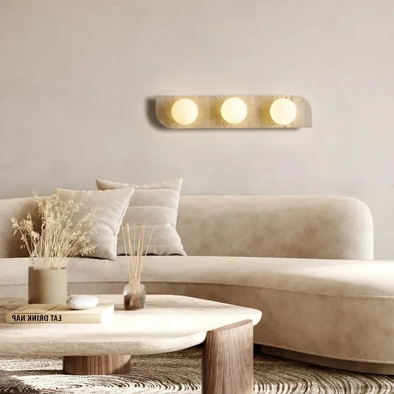 Wabi-sabi Style Natural Stone Art Bedside Wall Lamp Yellow Travertine Sconce White Glass Lampshade for Corridor Living room Deco
