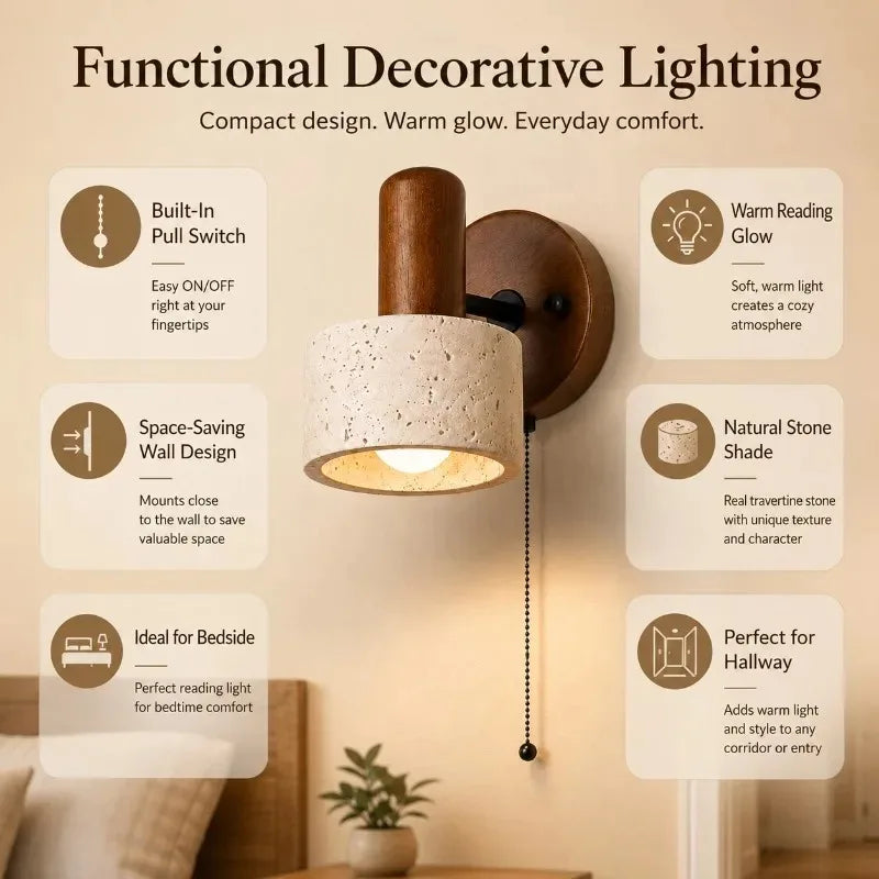 Travertine Stone Wood Wall Sconce Japanese Wabi Sabi LED Bedside Reading Lamp Pull Cord for Bedroom Hotel Homestay Decor