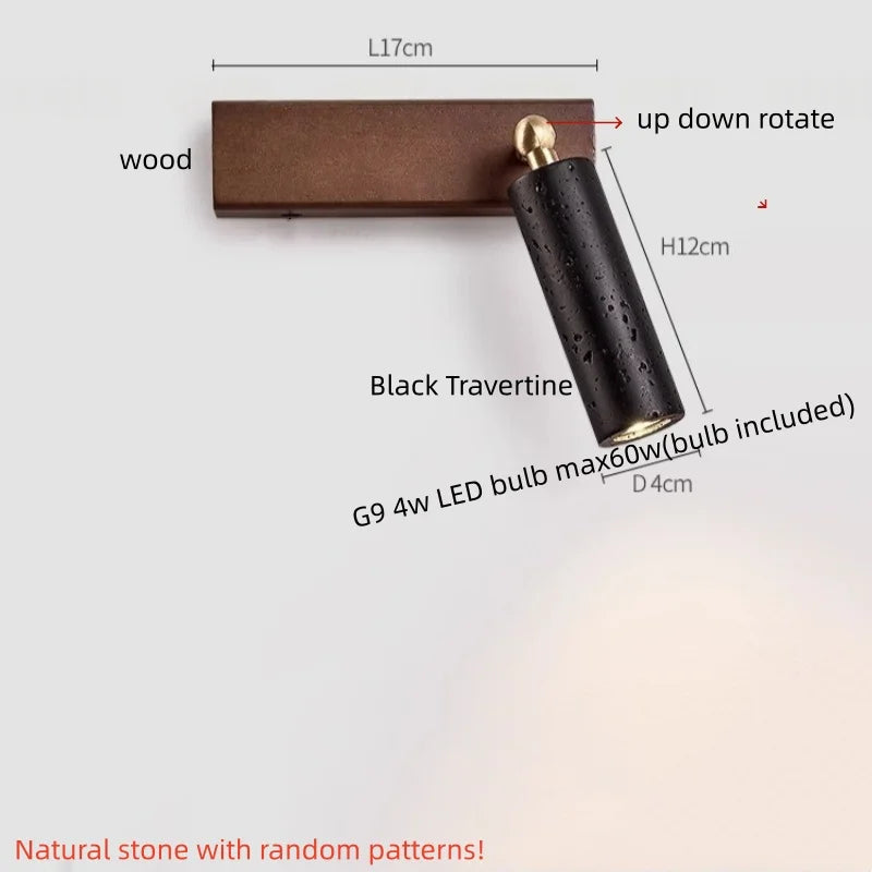IWHD Iron Rotate LED Wall Lights Yellow Cave Stone Bedroom Dining Room Porch Pull Chain Switch Nordic Modern Wood Bedside Lamp