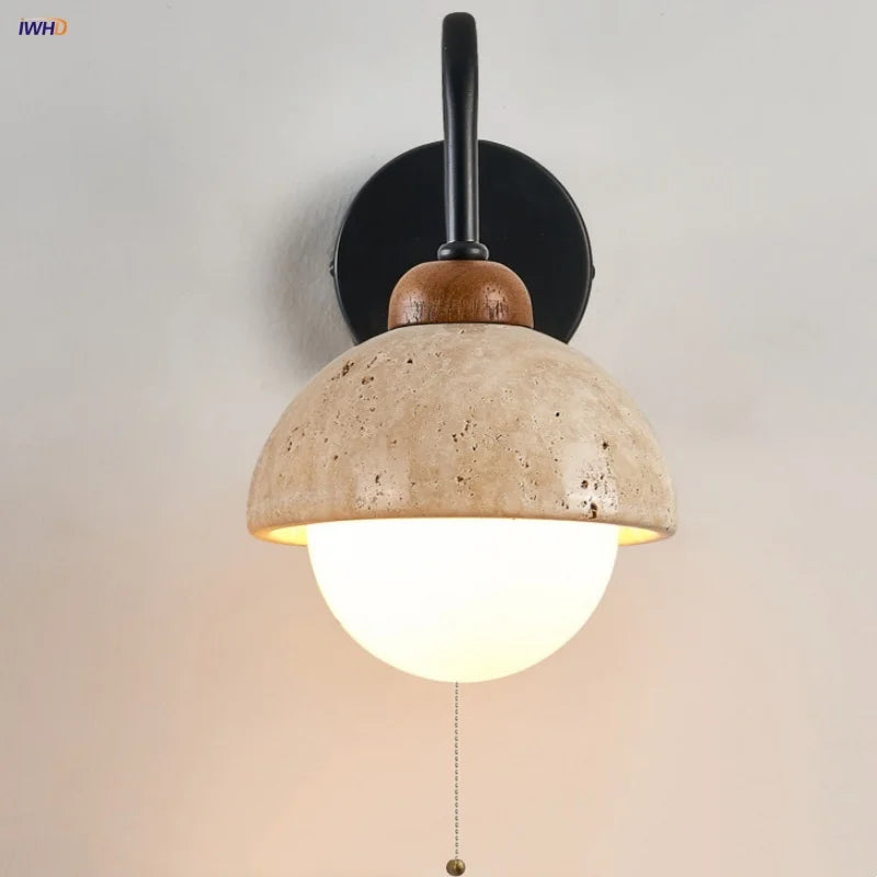 Kaia™ — Travertine, Glass & Wood Wall Sconce