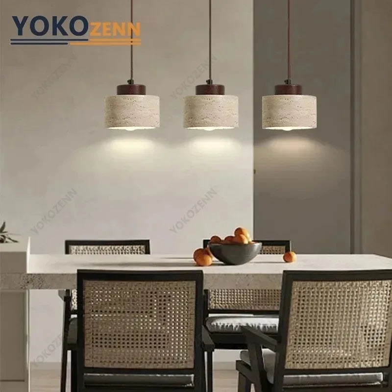 YOKO Wabi-Sabi Yellow Travertine Pendant Light, Japanese Cave Stone for Kitchen Island Restaurant Bedroom Bedside Home Decor