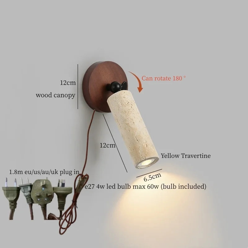 IWHD Pull Chain Switch LED Wall Lamps For Bedroom Reading Home Lighting Yellow Travertine Living Room Lights Applique Murale