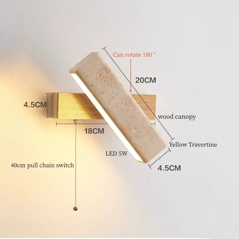 IWHD Pull Chain Switch LED Wall Lamps For Bedroom Reading Home Lighting Yellow Travertine Living Room Lights Applique Murale