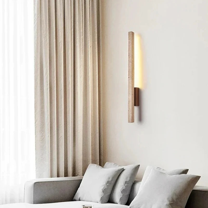 Long Strip Travertine LED Wall Sconce Wabi‑Sabi Natural Stone Wall Lamp Bedroom Living Room Corridor Decor Wall Light