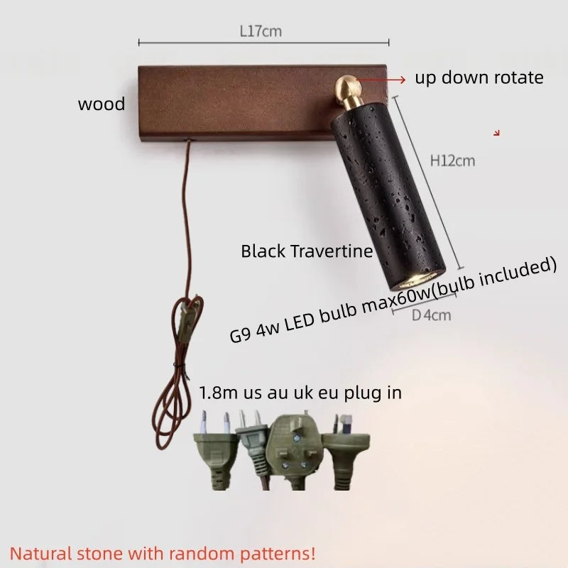 IWHD Iron Rotate LED Wall Lights Yellow Cave Stone Bedroom Dining Room Porch Pull Chain Switch Nordic Modern Wood Bedside Lamp
