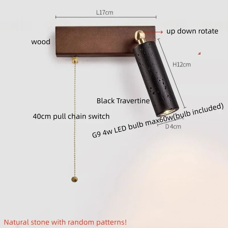 IWHD Iron Rotate LED Wall Lights Yellow Cave Stone Bedroom Dining Room Porch Pull Chain Switch Nordic Modern Wood Bedside Lamp