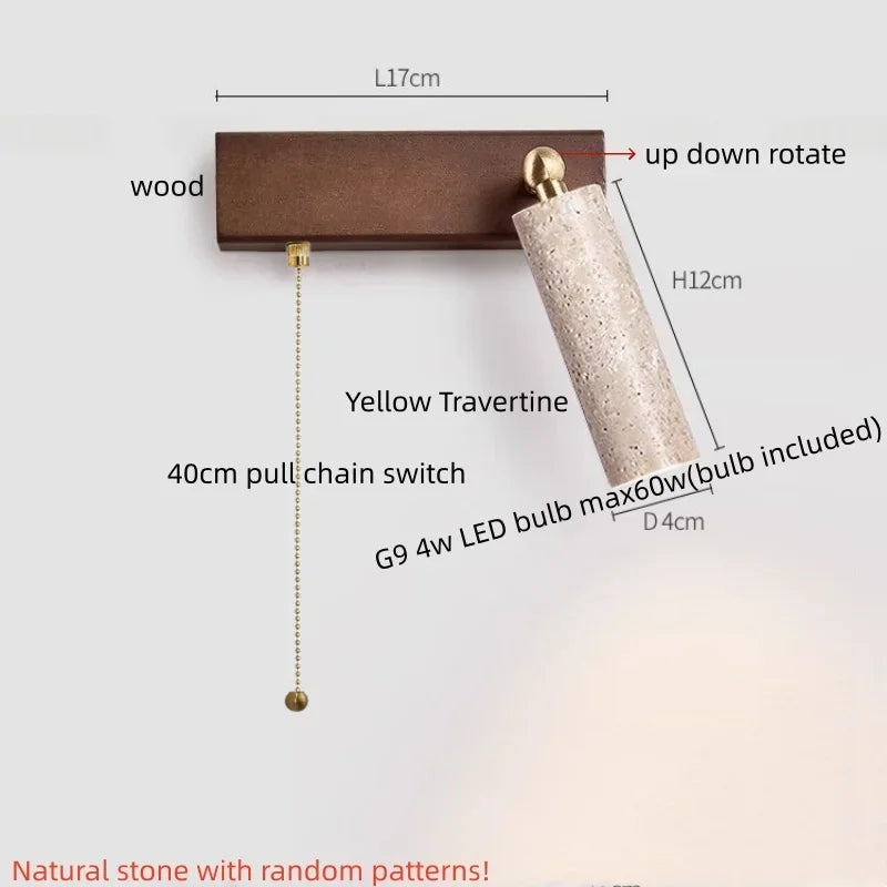 IWHD Iron Rotate LED Wall Lights Yellow Cave Stone Bedroom Dining Room Porch Pull Chain Switch Nordic Modern Wood Bedside Lamp