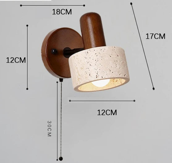 Travertine Stone Wood Wall Sconce Japanese Wabi Sabi LED Bedside Reading Lamp Pull Cord for Bedroom Hotel Homestay Decor