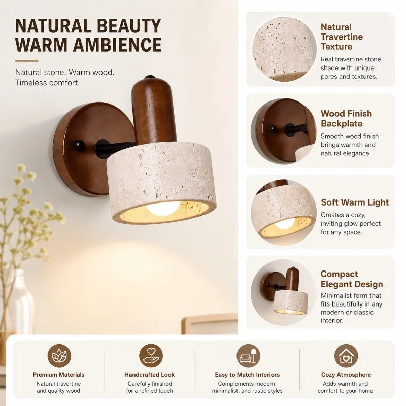 Travertine Stone Wood Wall Sconce Japanese Wabi Sabi LED Bedside Reading Lamp Pull Cord for Bedroom Hotel Homestay Decor