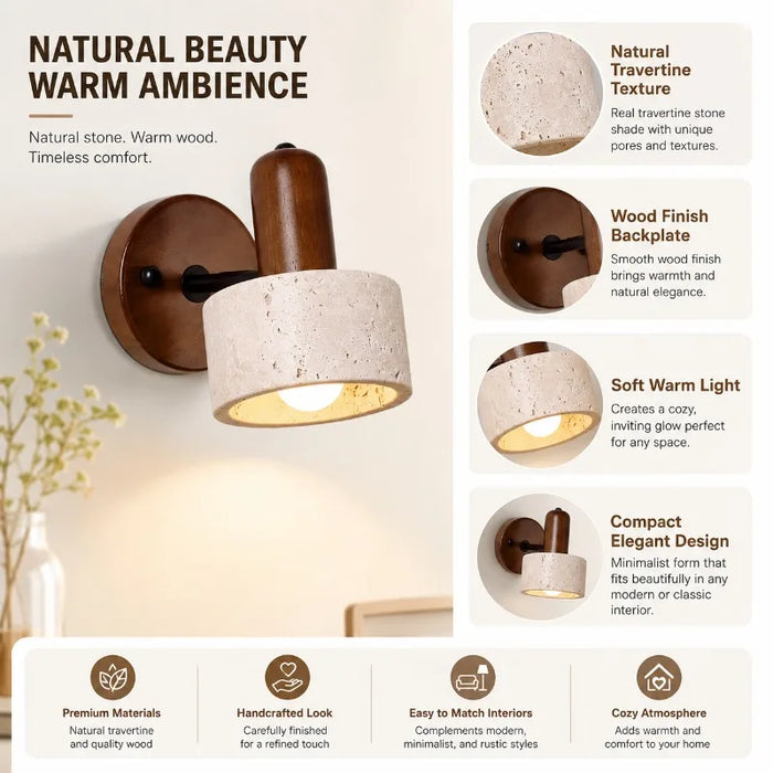 Travertine Stone Wood Wall Sconce Japanese Wabi Sabi LED Bedside Reading Lamp Pull Cord for Bedroom Hotel Homestay Decor