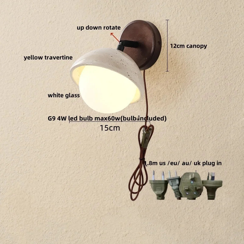 Kaia™ — Travertine, Glass & Wood Wall Sconce