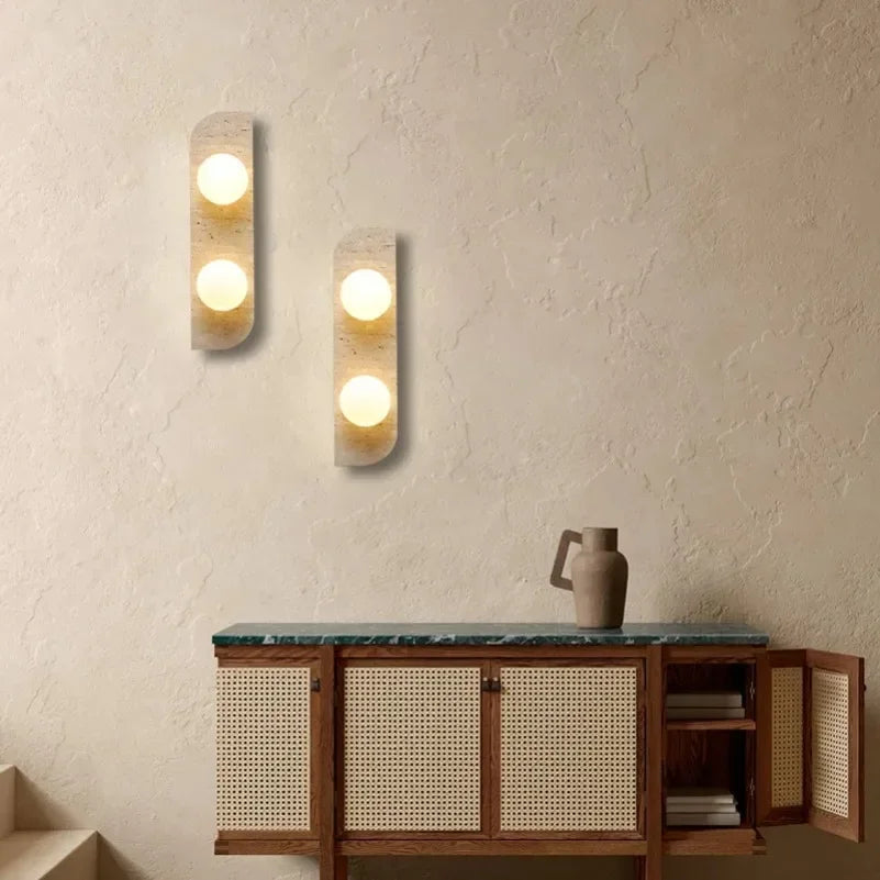 Wabi-sabi Style Natural Stone Art Bedside Wall Lamp Yellow Travertine Sconce White Glass Lampshade for Corridor Living room Deco