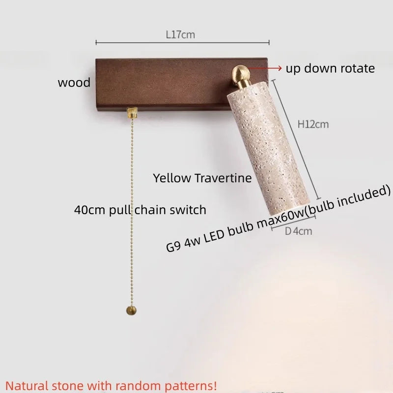 IWHD Iron Rotate LED Wall Lights Yellow Cave Stone Bedroom Dining Room Porch Pull Chain Switch Nordic Modern Wood Bedside Lamp