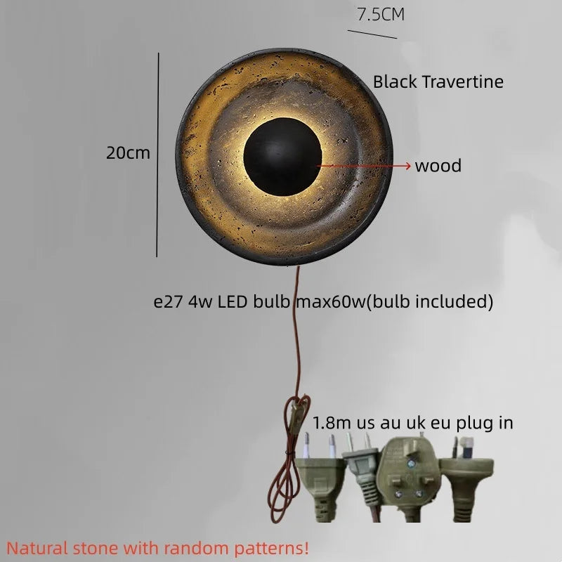 IWHD Iron Rotate LED Wall Lights Yellow Cave Stone Bedroom Dining Room Porch Pull Chain Switch Nordic Modern Wood Bedside Lamp