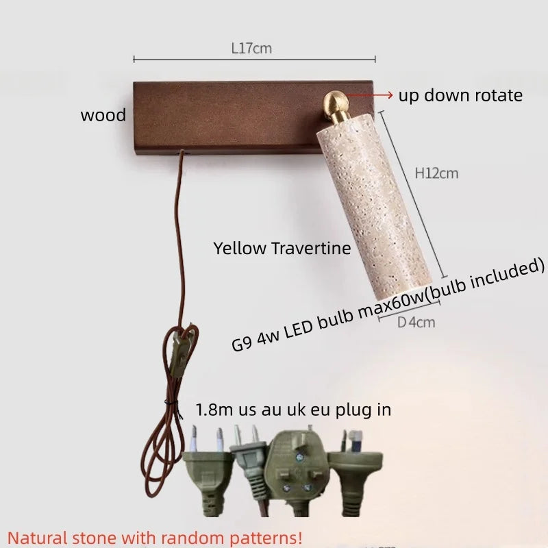 IWHD Iron Rotate LED Wall Lights Yellow Cave Stone Bedroom Dining Room Porch Pull Chain Switch Nordic Modern Wood Bedside Lamp