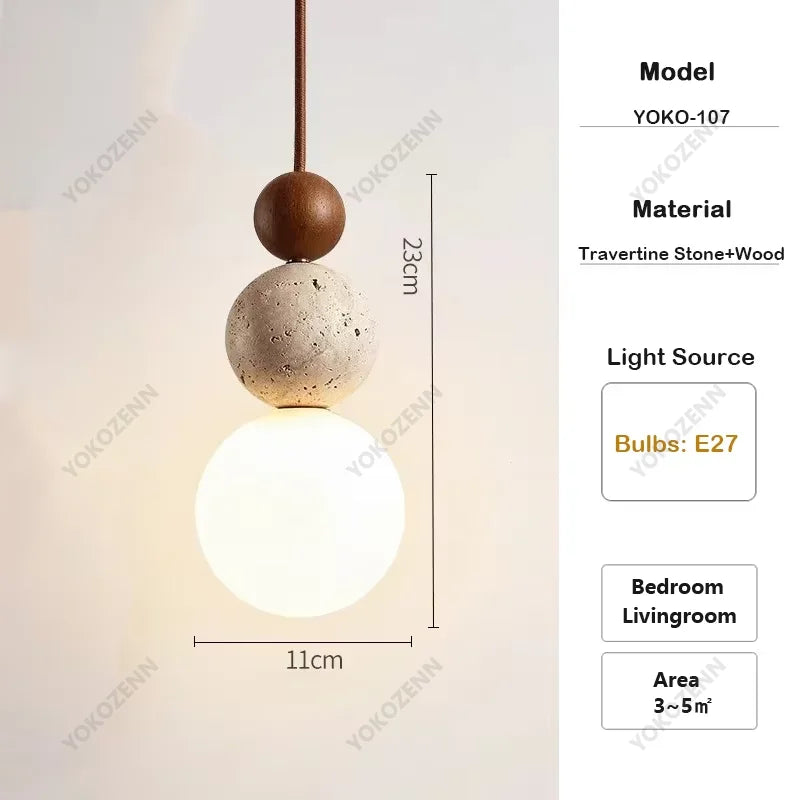 YOKO Wabi-Sabi Yellow Travertine Pendant Light, Japanese Cave Stone for Kitchen Island Restaurant Bedroom Bedside Home Decor