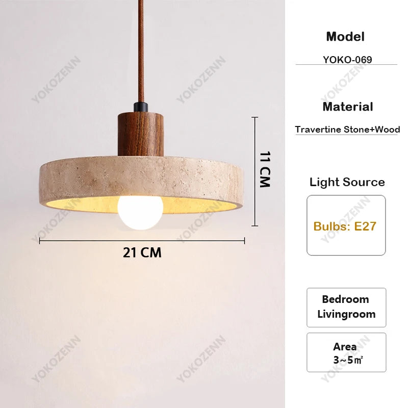 YOKO Wabi-Sabi Yellow Travertine Pendant Light, Japanese Cave Stone for Kitchen Island Restaurant Bedroom Bedside Home Decor