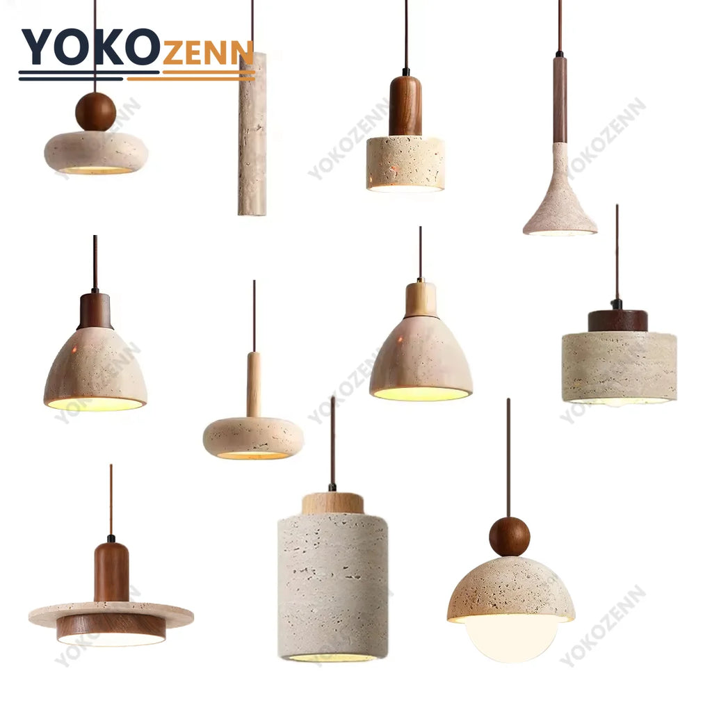 YOKO Wabi-Sabi Yellow Travertine Pendant Light, Japanese Cave Stone for Kitchen Island Restaurant Bedroom Bedside Home Decor