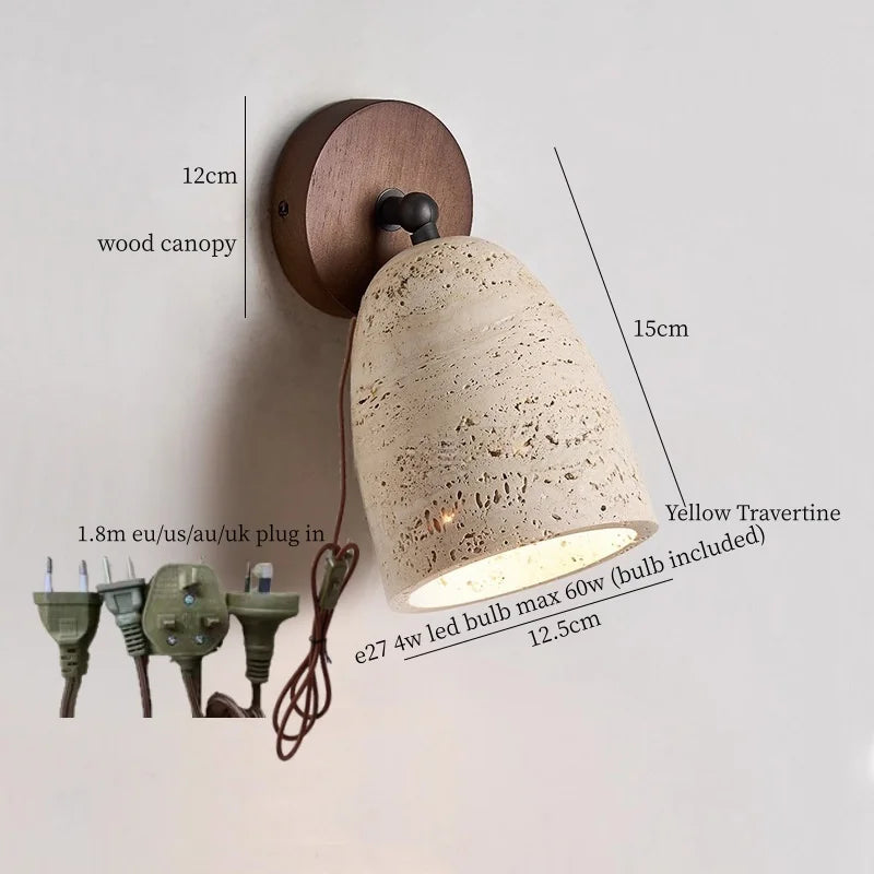 IWHD Pull Chain Switch LED Wall Lamps For Bedroom Reading Home Lighting Yellow Travertine Living Room Lights Applique Murale