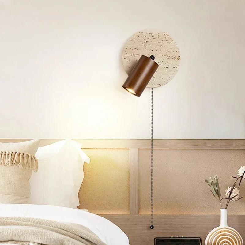 Modern Natural Stone Wood Wall Lamp With Switch Sconce Lamp For Bedroom Reading Bedside Hotel Room Round E27 Bulb