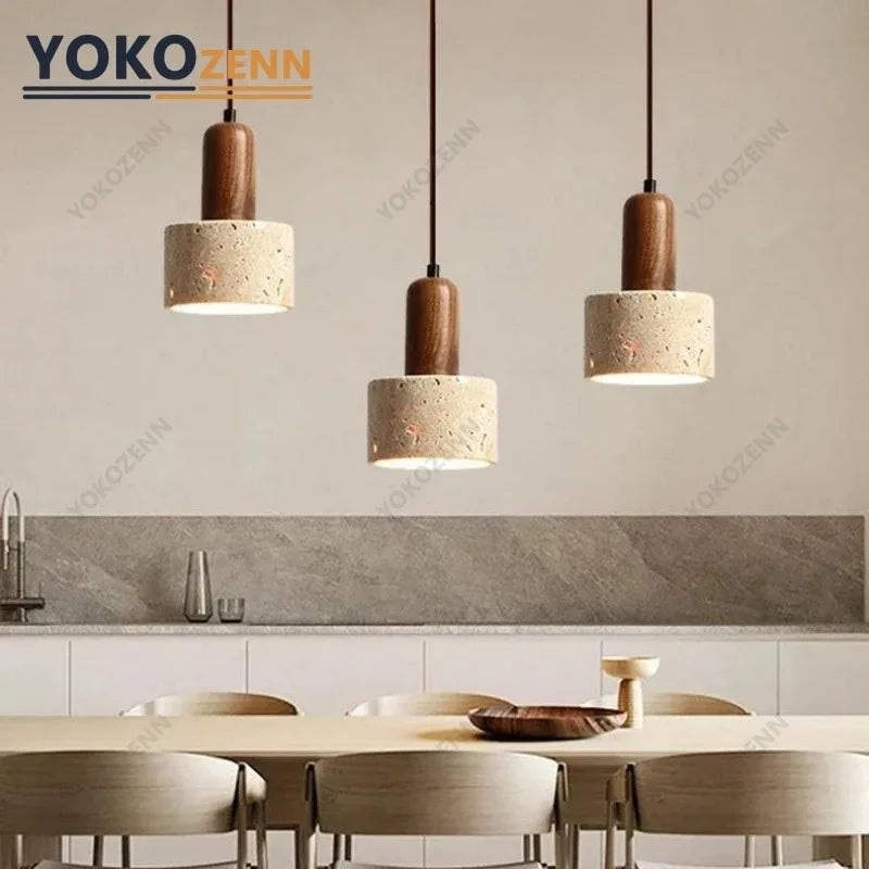YOKO Wabi-Sabi Yellow Travertine Pendant Light, Japanese Cave Stone for Kitchen Island Restaurant Bedroom Bedside Home Decor