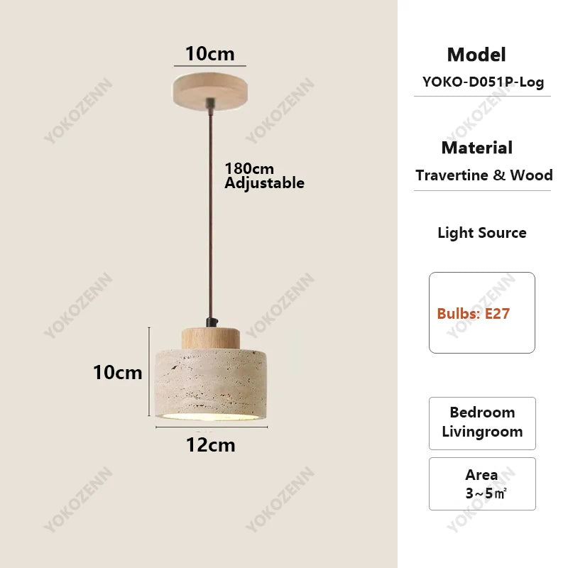 YOKO Wabi-Sabi Yellow Travertine Pendant Light, Japanese Cave Stone for Kitchen Island Restaurant Bedroom Bedside Home Decor