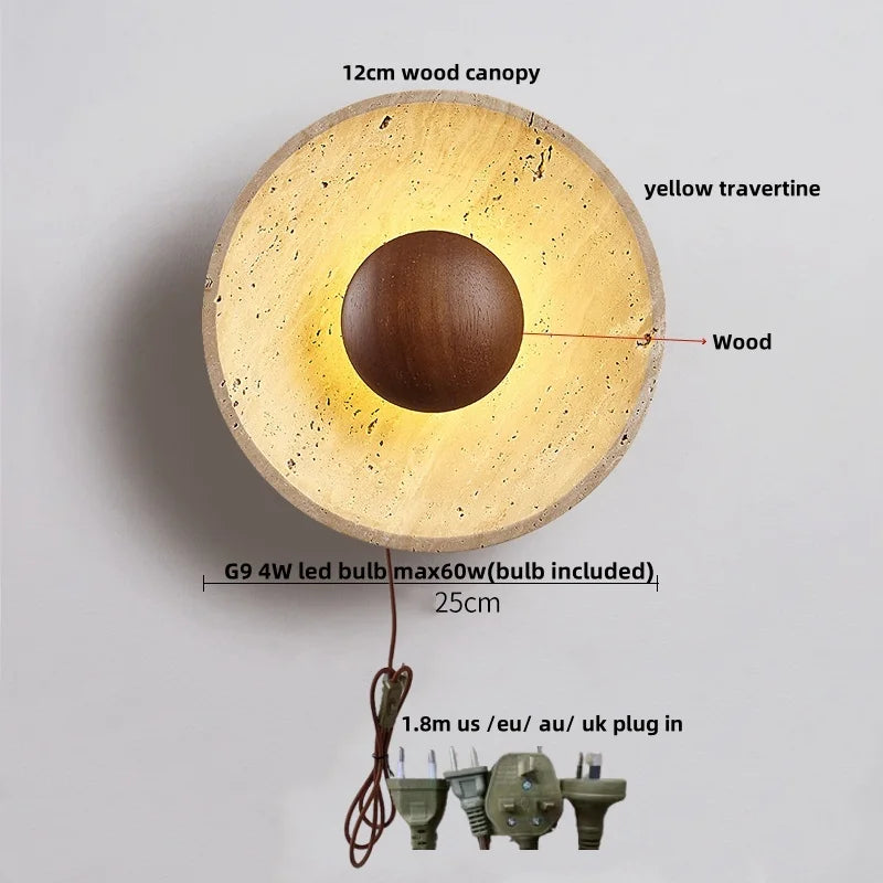 IWHD Iron Rotate LED Wall Lights Yellow Cave Stone Bedroom Dining Room Porch Pull Chain Switch Nordic Modern Wood Bedside Lamp