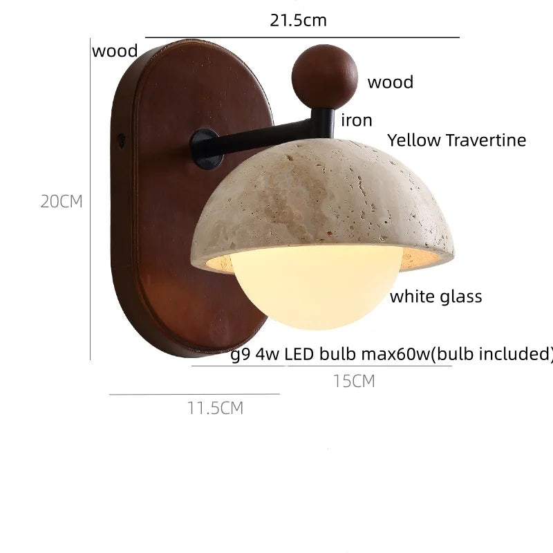 Kaia™ — Travertine, Glass & Wood Wall Sconce