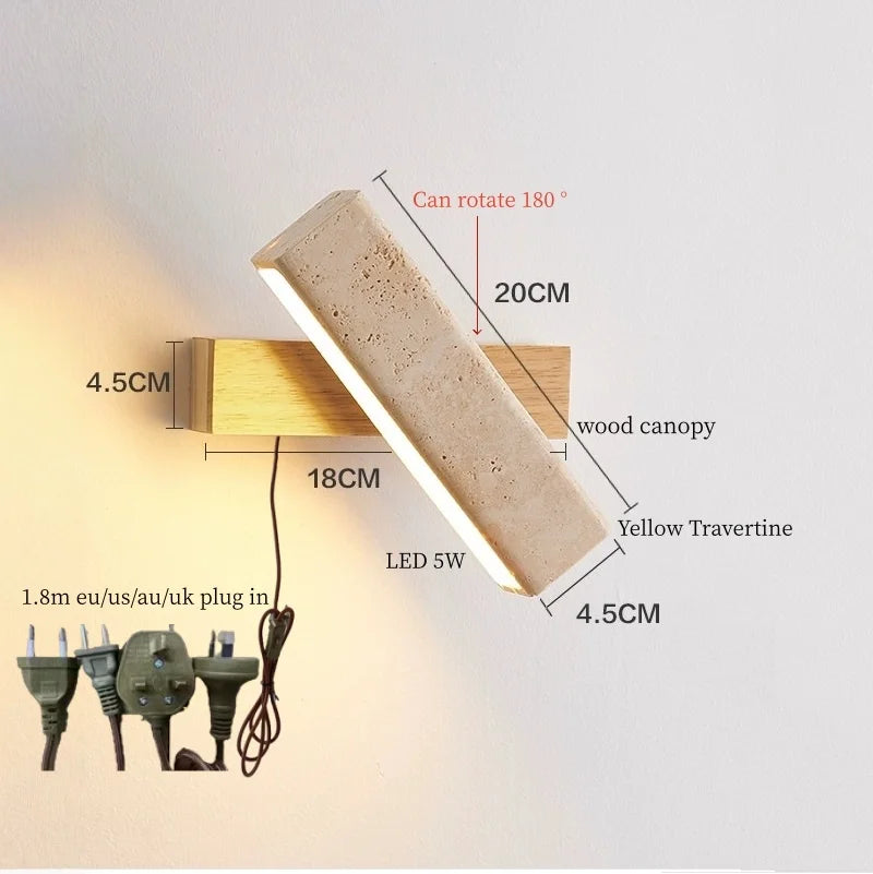IWHD Pull Chain Switch LED Wall Lamps For Bedroom Reading Home Lighting Yellow Travertine Living Room Lights Applique Murale
