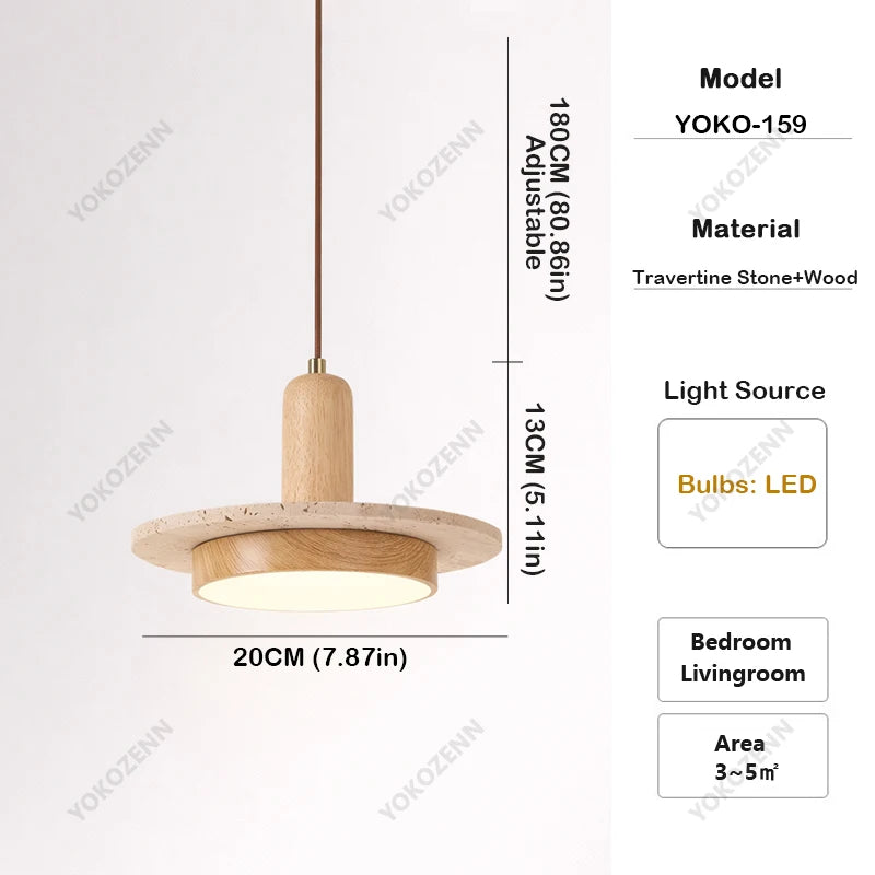 YOKO Wabi-Sabi Yellow Travertine Pendant Light, Japanese Cave Stone for Kitchen Island Restaurant Bedroom Bedside Home Decor