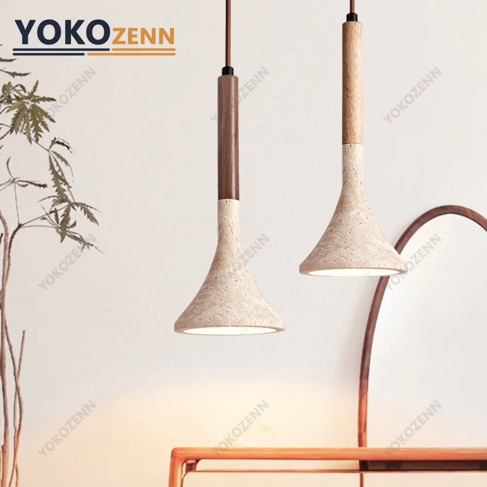 YOKO Wabi-Sabi Yellow Travertine Pendant Light, Japanese Cave Stone for Kitchen Island Restaurant Bedroom Bedside Home Decor